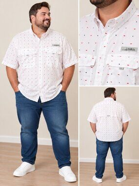 Habit Men’s Short Sleeve Button-Up Shirt in White with Red & Blue Print, Sz 3XL